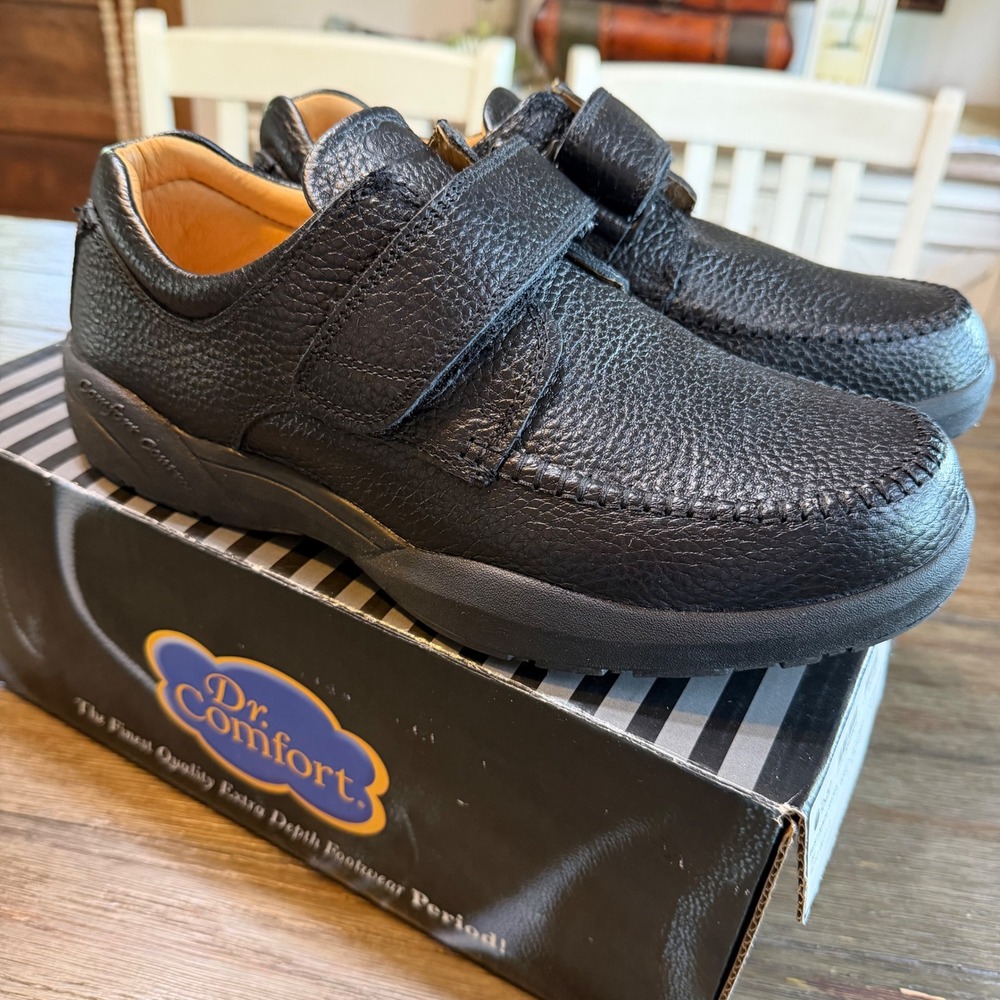 Dr. Comfort Scott 9210 Mens Black Pebble Leather Hook Loop Walking Shoes 11W